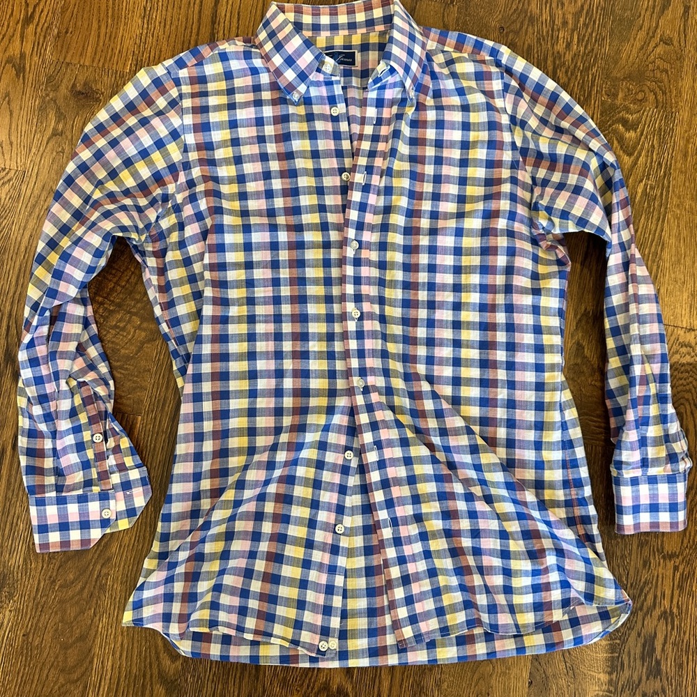 Casual Button-Down Plaid Shirt in Blue, Yellow & Pink